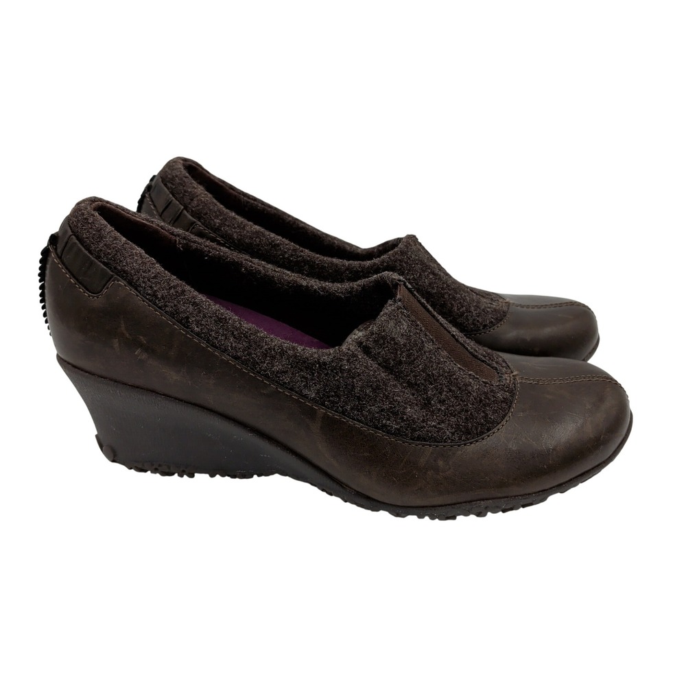 Merrell Tulip Espresso Brown Leather Wool Wedge Slip On Shoes Vibram Womens‎ 7